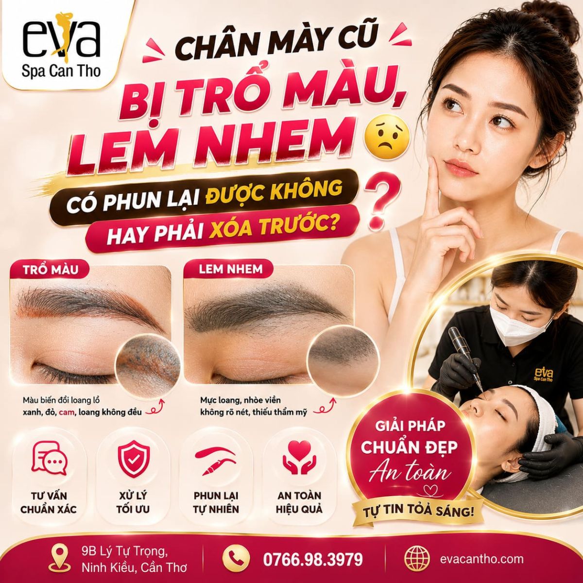 Chân Mày Cũ Bị Trổ Màu, Lem Nhem – Có Phun Lại Được Không Hay Phải Xóa Trước?