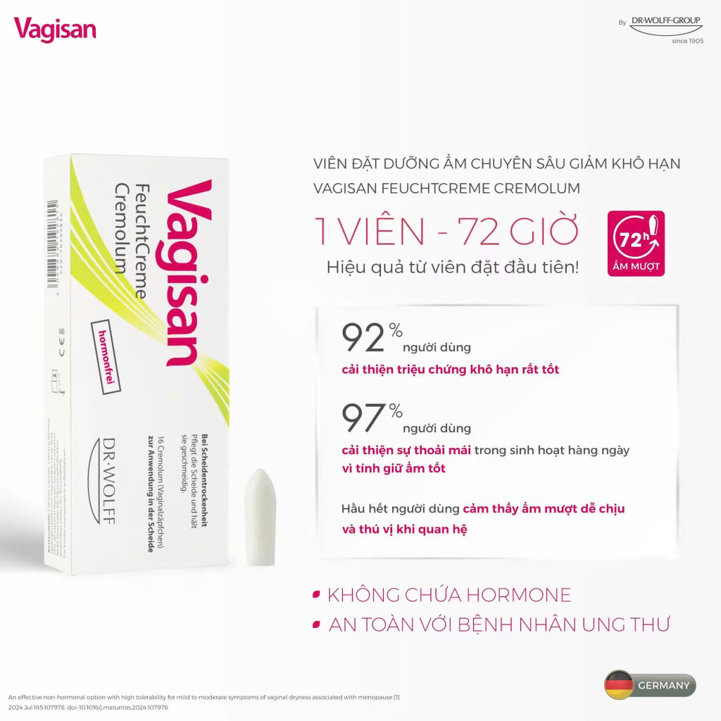 Viên đặt dưỡng ẩm chuyên sâu giảm khô hạn vùng kín Vagisan (hộp 16 viên)